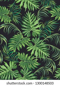 Tropical vector seamless background. Jungle pattern with monstera and palm leaves.