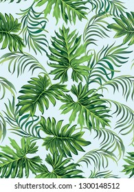 Tropical vector seamless background. Jungle pattern with monstera and palm leaves. 