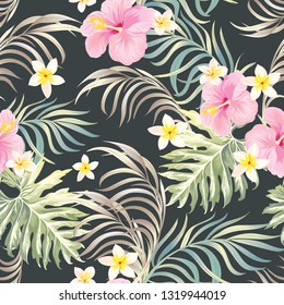 Tropical vector seamless background. Jungle pattern with flowers, monstera and palm leaves. Stock vector.