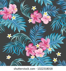 Tropical vector seamless background. Jungle pattern with flowers, monstera and palm leaves. Stock vector.