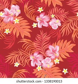 	
Tropical vector seamless background. Jungle pattern with flowers, monstera and palm leaves. Stock vector.