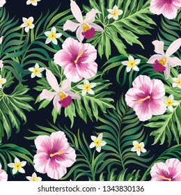 Tropical vector seamless background. Jungle pattern with flowers, monstera and palm leaves. Stock vector.