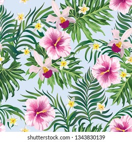 Tropical vector seamless background. Jungle pattern with flowers, monstera and palm leaves. Stock vector.