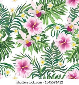 	
Tropical vector seamless background. Jungle pattern with flowers, monstera and palm leaves. Stock vector.