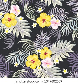 	
Tropical vector seamless background. Jungle pattern with flowers, monstera and palm leaves. Stock vector.