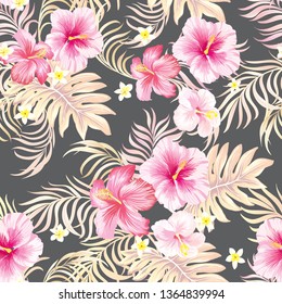 Tropical vector seamless background. Jungle pattern with flowers, monstera and palm leaves. Stock vector.