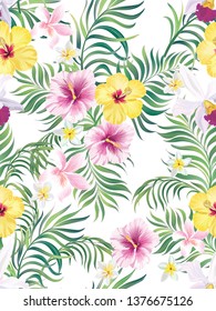 Tropical vector seamless background. Jungle pattern with flowers, monstera and palm leaves. Summer vector.Trendy textile print.