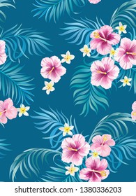 	
Tropical vector seamless background. Jungle pattern with flowers, monstera and palm leaves. Stock vector.