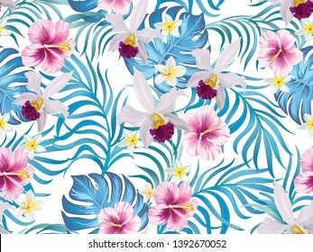 	
Tropical vector seamless background. Jungle pattern with flowers, monstera and palm leaves. Stock vector.
