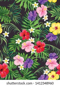 Tropical vector seamless background. Jungle pattern with flowers, monstera and palm leaves. Stock vector. ESP10