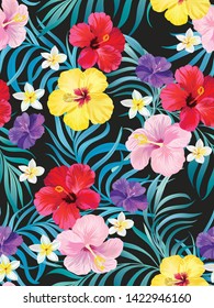 	
Tropical vector seamless background. Jungle pattern with flowers, monstera and palm leaves. Stock vector.