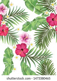 Tropical vector seamless background. Jungle pattern with flowers, monstera and palm leaves. Stock vector. ESP10