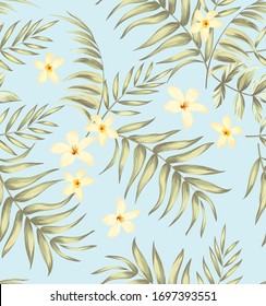 Antecedentes tropicales sin fisuras. Motivo de jungla con flores, monstera y hojas de palma. Vector de material.