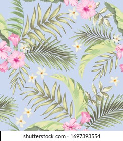 Tropical vector seamless background. Jungle pattern with flowers, monstera and palm leaves. Stock vector.
