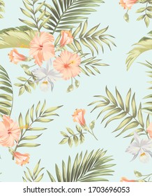 Tropical vector seamless background. Jungle pattern with exitic flowers, and palm leaves. Stock vector. Jungle vector vintage wallpaper