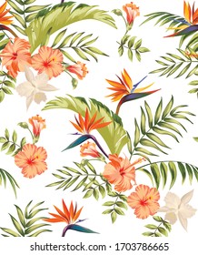 Tropical vector seamless background. Jungle pattern with exitic flowers, and palm leaves. Stock vector. Jungle vector vintage wallpaper.