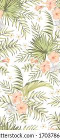 Tropische Vektorillustration, nahtloser Hintergrund. Dschungelmuster mit exitischen Blumen und Palmenblättern. Stock-Vektorillustration. Jungle Vektorillustration Vintage Tapete.