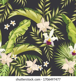 Tropical vector seamless background. Jungle pattern with exitic flowers, and palm leaves. Stock vector. Jungle vector vintage wallpaper