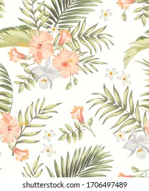Tropical vector seamless background. Jungle pattern with exitic flowers, and palm leaves. Stock vector. Jungle vector vintage wallpaper