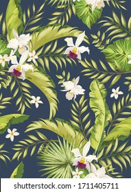 Antecedentes tropicales sin fisuras. Patrón de jungla con flores exóticas y hojas de palma. Vector de material. Papel pintado vectorial de jungla