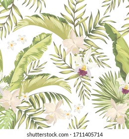 Tropical vector seamless background. Jungle pattern with exitic flowers, and palm leaves. Stock vector. Jungle vector vintage wallpaper
