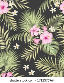 Tropical vector seamless background. Jungle pattern with exitic flowers, and palm leaves. Stock vector. Jungle vector vintage wallpaper