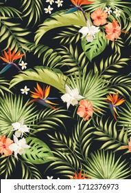 Tropical vector seamless background. Jungle pattern with exitic flowers, and palm leaves. Stock vector. Jungle vector vintage wallpaper