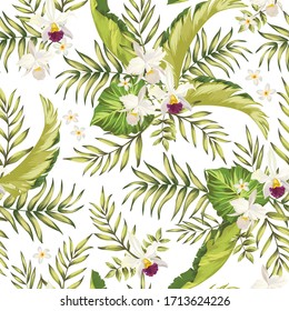 Tropical vector seamless background. Jungle pattern with exitic flowers, and palm leaves. Stock vector. Jungle vector vintage wallpaper