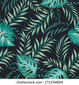 Tropical vector seamless background. Jungle pattern with exitic foliage, and palm leaves. Stock vector. Jungle vector vintage 