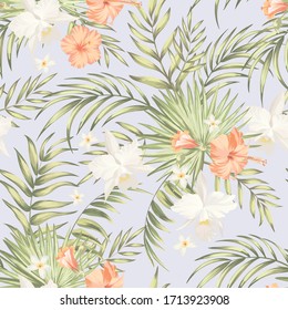 Tropical vector seamless background. Jungle pattern with exitic flowers, and palm leaves. Stock vector. Jungle vector vintage wallpaper