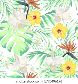 Tropical vector seamless background. Jungle pattern with exitic flowers, and palm leaves. Stock vector. Jungle vector vintage wallpaper