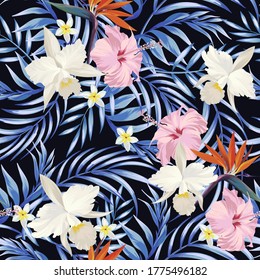 Tropical vector seamless background. Jungle pattern with exitic flowers, and palm leaves. Stock vector. Jungle vector vintage wallpaper