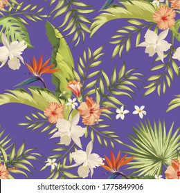 Tropical vector seamless background. Jungle pattern with exitic flowers, and palm leaves. Stock vector. Jungle vector vintage wallpaper