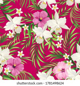 Tropical vector seamless background. Jungle pattern with exitic flowers, and palm leaves. Stock vector. Jungle vector vintage wallpaper