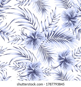 Tropical vector seamless background. Jungle pattern with exitic flowers, and palm leaves. Stock vector. Jungle vector vintage wallpaper