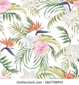 Tropical vector seamless background. Jungle pattern with exotic flowers, and palm leaves. Stock vector. Jungle vector vintage wallpaper