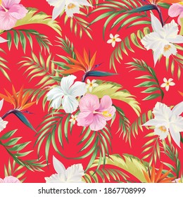 Tropical vector seamless background. Jungle pattern with exotic flowers, and palm leaves. Stock vector. Jungle vector vintage wallpaper