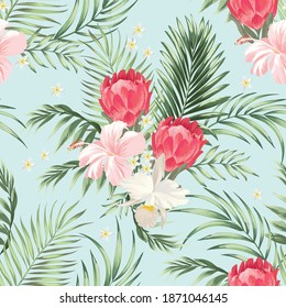 Tropical vector seamless background. Jungle pattern with exitic flowers, and palm leaves. Stock vector. Jungle vector vintage wallpaper