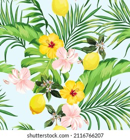 Tropical vector seamless background. Jungle pattern with exotic flowers, and palm leaves. Stock vector. Jungle vector vintage wallpaper