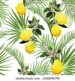 Vector tropical sin costura. Patrón de jungla con flores exóticas y hojas de palma. Vector de material. Papel mural vintage de vectores de jungla