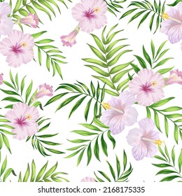 Tropical vector seamless background. Jungle pattern with exitic flowers, and palm leaves. Stock vector. Jungle vector vintage wallpaper
