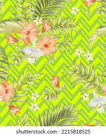 Vector tropical sin costura. Patrón de jungla con flores exóticas y hojas de palma. Vector de material. Papel mural vintage de vectores de jungla