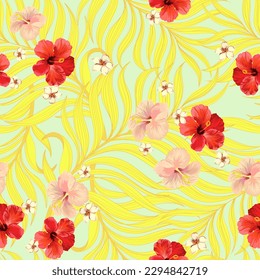 Tropischer, nahtloser Hintergrund. Dschungelmuster mit exotischen Blumen und Palmenblättern. Stock-Vektorgrafik. Dschungelvektorvintage-Tapete.