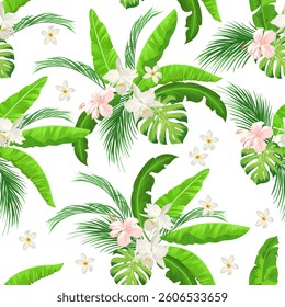 Tropical vector seamless background. Jungle pattern with exotic flowers, and palm leaves. Stock vector. Jungle vector vintage wallpaper.