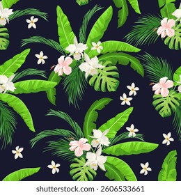Tropical vector seamless background. Jungle pattern with exotic flowers, and palm leaves. Stock vector. Jungle vector vintage wallpaper.