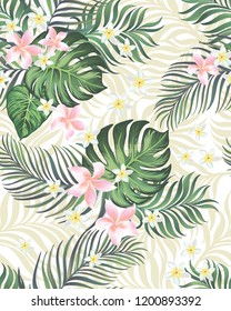 Tropical vector seamless background with palm leaves and flowers. Vintage textile print .