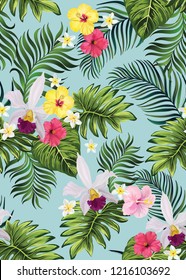 Tropical vector seamless background with palm leaves and flowers. Vintage textile print .