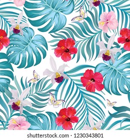 	
Tropical vector seamless background with palm leaves and flowers. Vintage textile print .
