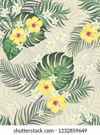 Tropical vector seamless background with palm leaves and flowers. Vintage textile print .