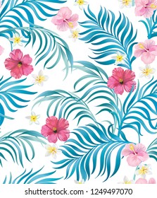 Tropical vector seamless background with palm leaves and flowers. Vintage textile print .
